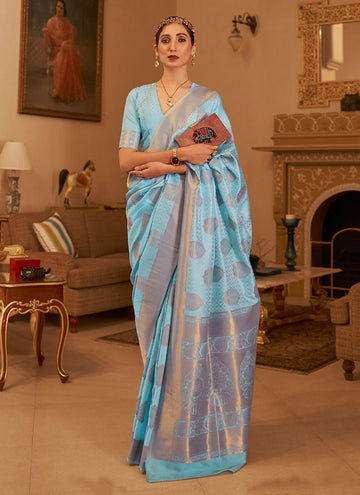 Festive Wear Ice Blue Color Copper Zari Handloom Weaving Silk Saree
